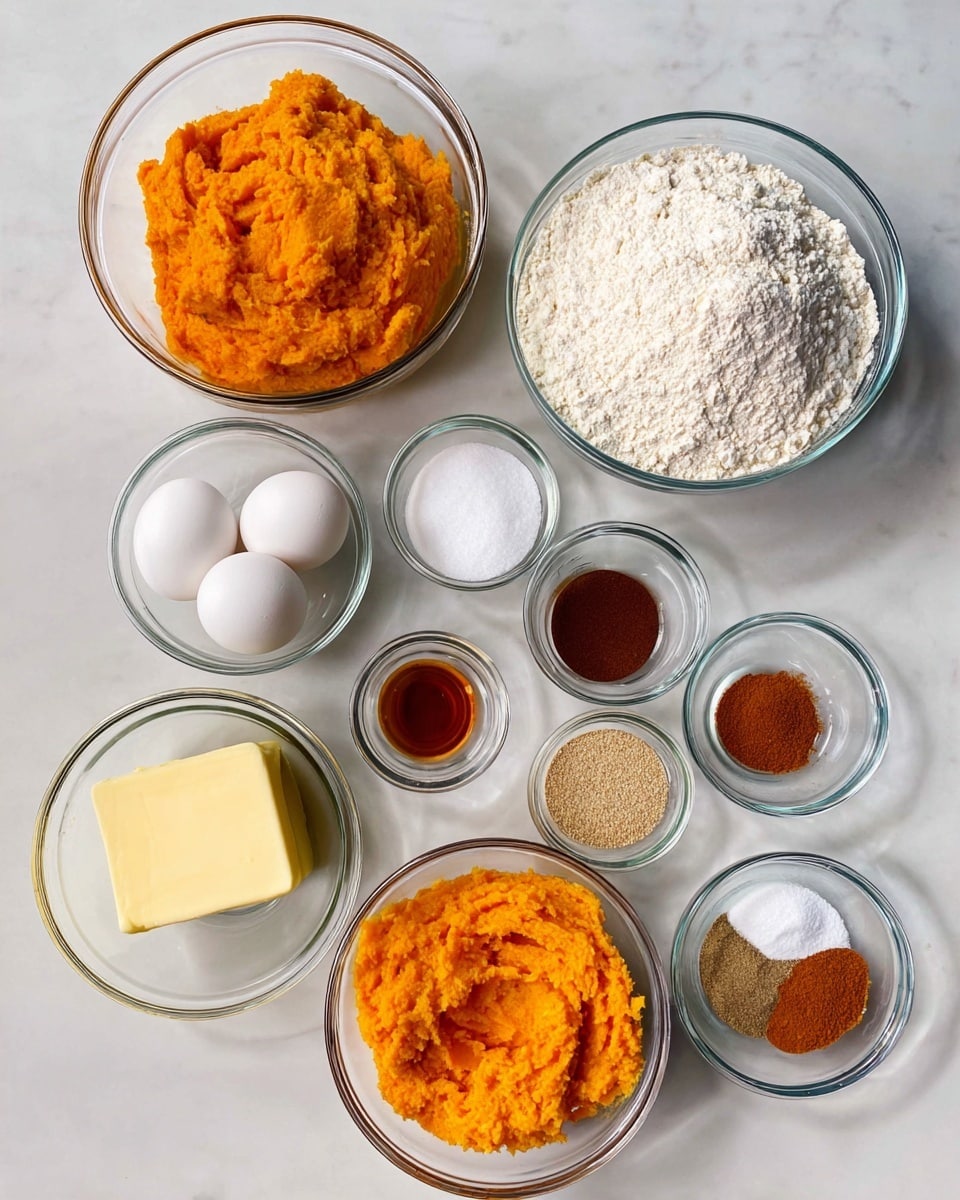 The image shows a flat lay of various baking ingredients placed neatly on a white marbled surface. There are eleven glass bowls in total: one large bowl of white flour on the right center, a medium bowl of bright orange mashed sweet potatoes below it, a medium bowl with a block of pale yellow butter at the bottom left, and a small bowl with two raw eggs just above the butter. Surrounding these are smaller bowls holding white sugar, a dark amber liquid (likely vanilla extract), white baking soda, and four small bowls filled with spices in shades of light brown, reddish-brown, and dark brown. The clear glass bowls showcase the colors and textures of the ingredients distinctly. photo taken with an iphone --ar 4:5 --v 7