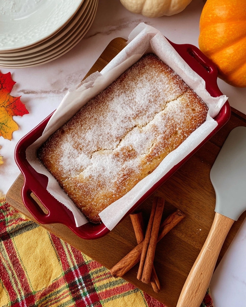 A rectangular cake with one visible layer is shown inside a red baking pan lined with white parchment paper. The cake is light brown with a soft texture and is covered with a thin, even dusting of white powdered sugar on top. The pan sits on a wooden board over a yellow and orange plaid cloth, with two cinnamon sticks placed in front on a white marbled surface. Nearby, there is a stack of white plates on the left and a wooden spatula with a grey silicone tip on the right, along with some autumn leaves and a pale orange pumpkin in the background. Photo taken with an iphone --ar 4:5 --v 7