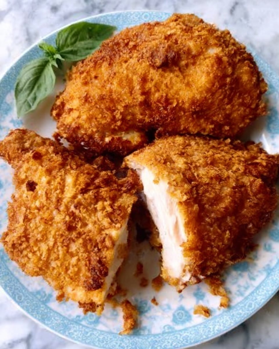 The image shows three pieces of crispy golden-brown fried chicken on a white plate with a light blue pattern. One piece is whole and placed on top, while another piece is broken in half, revealing the white tender meat inside. A small green basil leaf is placed near the chicken on the plate. The plate sits on a white marbled surface. Photo taken with an iphone --ar 4:5 --v 7