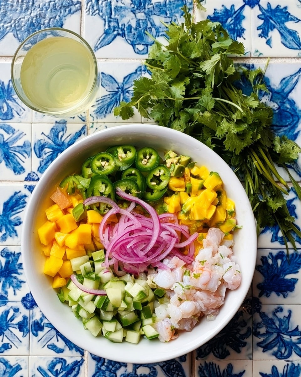 A white bowl sits on a white marbled surface with blue and white patterned tiles. Inside the bowl are six sections of colorful ingredients arranged around the center. One section has diced green avocado, next to it bright green diced jalapeños. Another section contains small cubes of yellow mango. Diced cucumber pieces in green and white fill another part. There are thin slices of pickled pink onions, and in the center, there are pieces of raw white fish. To the top of the bowl, there is a small glass with light yellow liquid and a bunch of fresh green cilantro to the right side of the bowl. Photo taken with an iphone --ar 4:5 --v 7