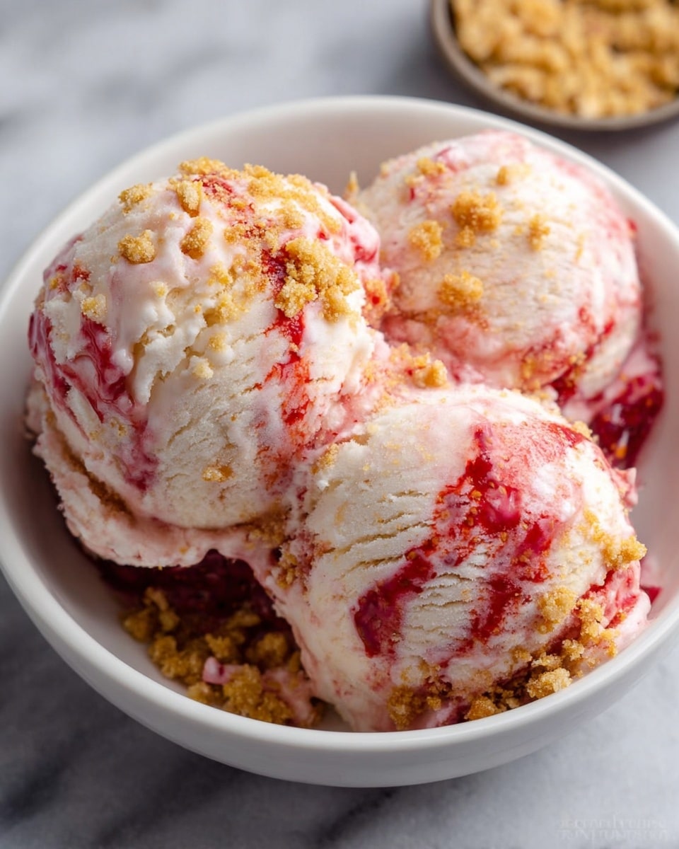 Three scoops of creamy ice cream with swirls of red strawberry sauce and small pieces of crushed golden cookie crumbs are placed tightly together in a white bowl. The ice cream has a soft pink and white color with a smooth, slightly textured surface from the mix-ins. The bowl sits on a white marbled surface. Photo taken with an iphone --ar 4:5 --v 7