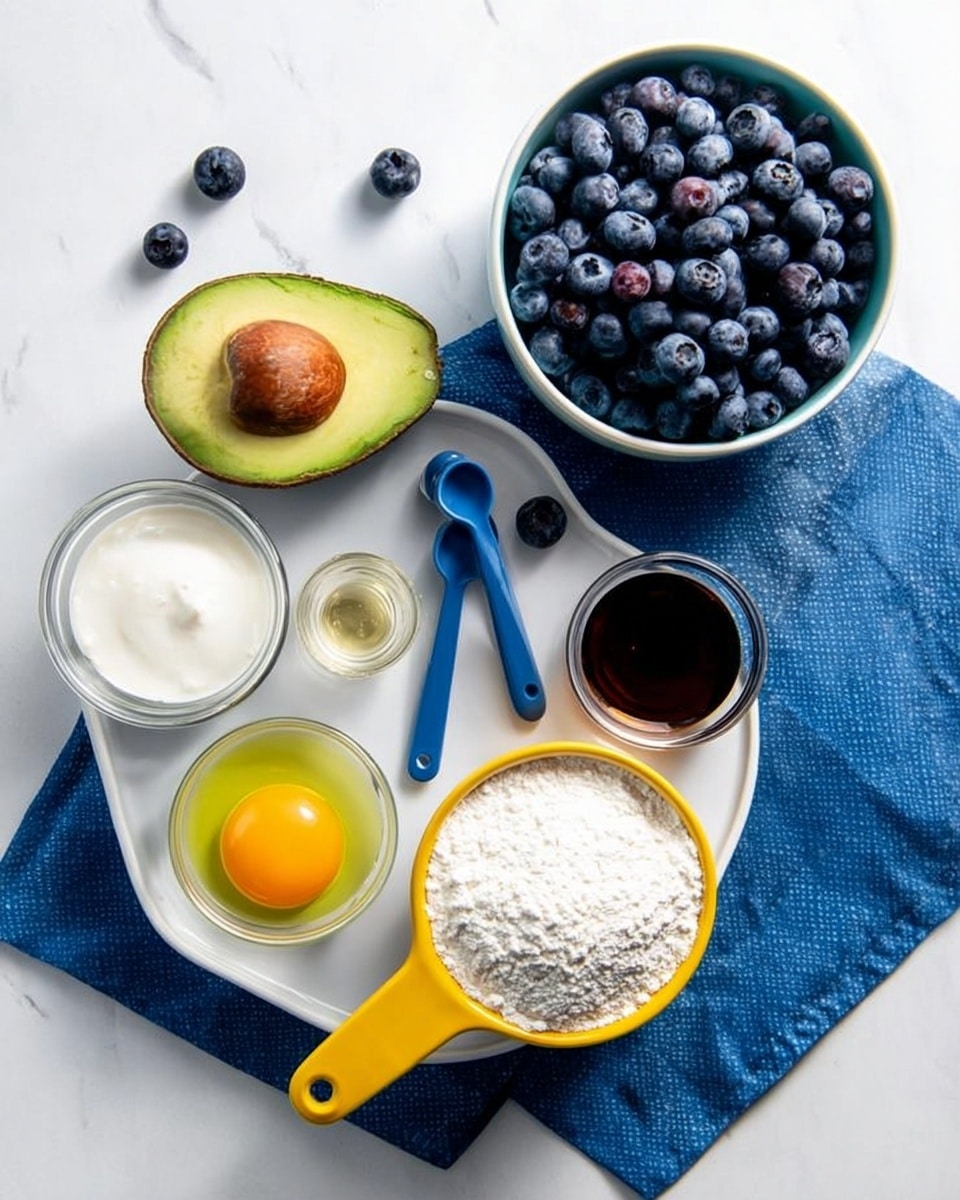 A white marbled surface holds a bright blue cloth with a white bowl filled with fresh blueberries in the top right corner. On a white plate, there is a half avocado with a brown pit, two blue measuring spoons with golden-yellow and dark brown liquids, an egg, a small jar of cream, a small white bowl of white powder, and a yellow-handled measuring cup filled with white flour at the center. A few blueberries are scattered around the bowl of blueberries. Photo taken with an iphone --ar 4:5 --v 7