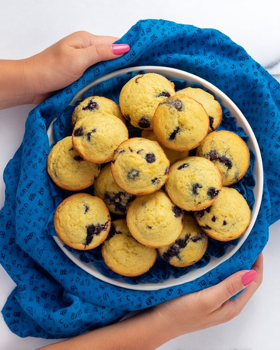 A white round plate filled with about fifteen small, round muffins with a light yellow color and dark spots of blueberries scattered on top and inside. The plate is placed on a bright blue cloth with small black letters, forming a textured base under the muffins. Two woman's hands are holding the plate from opposite sides, one on the left and one on the right, against a white marbled surface background. Photo taken with an iphone --ar 4:5 --v 7