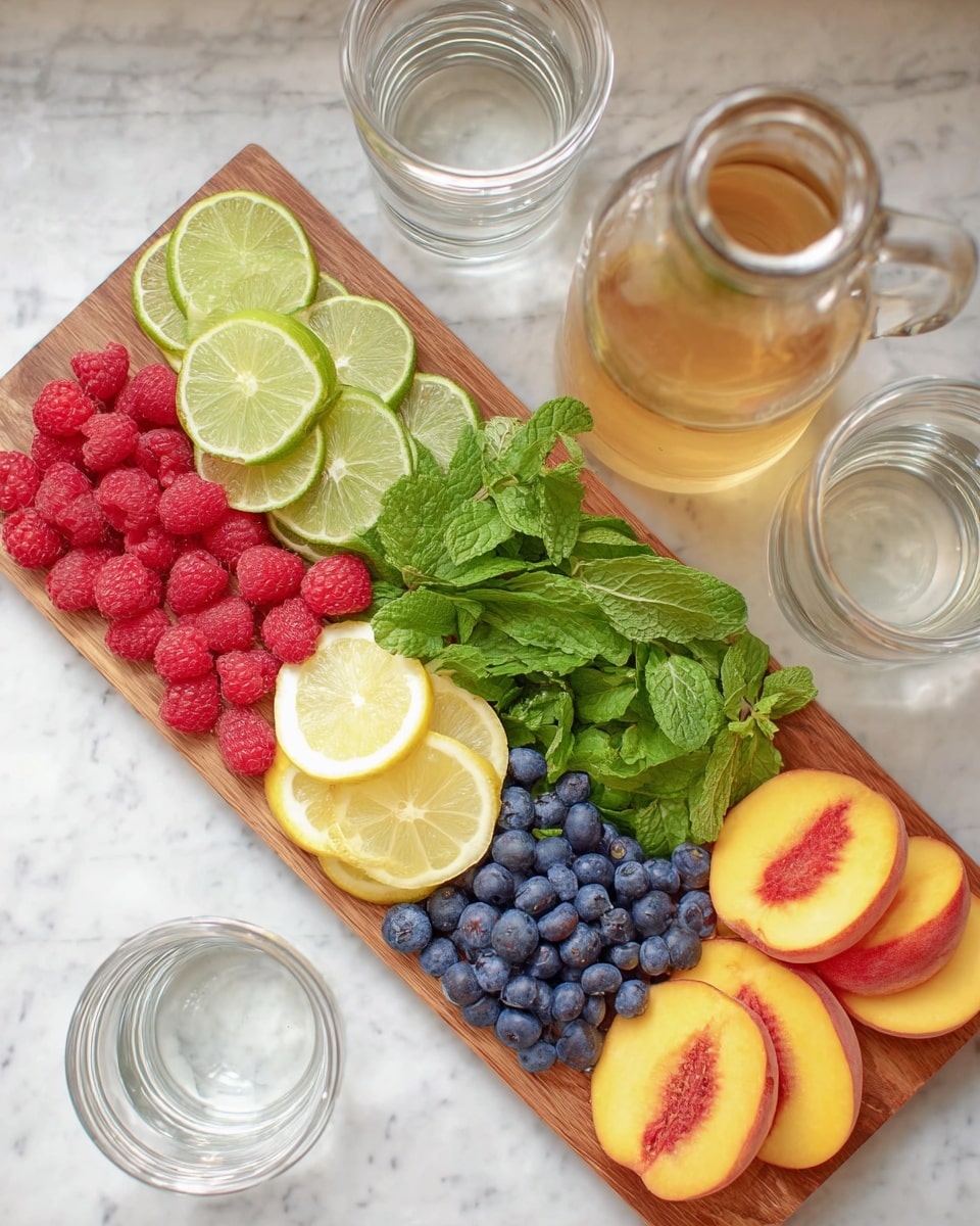A wooden tray holds neatly arranged rows of fresh fruit and herbs, starting from the left with thin green lime slices, followed by a row of plump blue blueberries, then fresh green mint leaves forming the middle layer, next thin yellow lemon slices with white centers, bright red raspberries beside more mint leaves, and finally orange-yellow peach slices with red centers. Surrounding the tray on a white marbled surface are three empty clear glass mugs and two clear bottles, one filled with a light brown liquid. The photo taken with an iphone --ar 4:5 --v 7