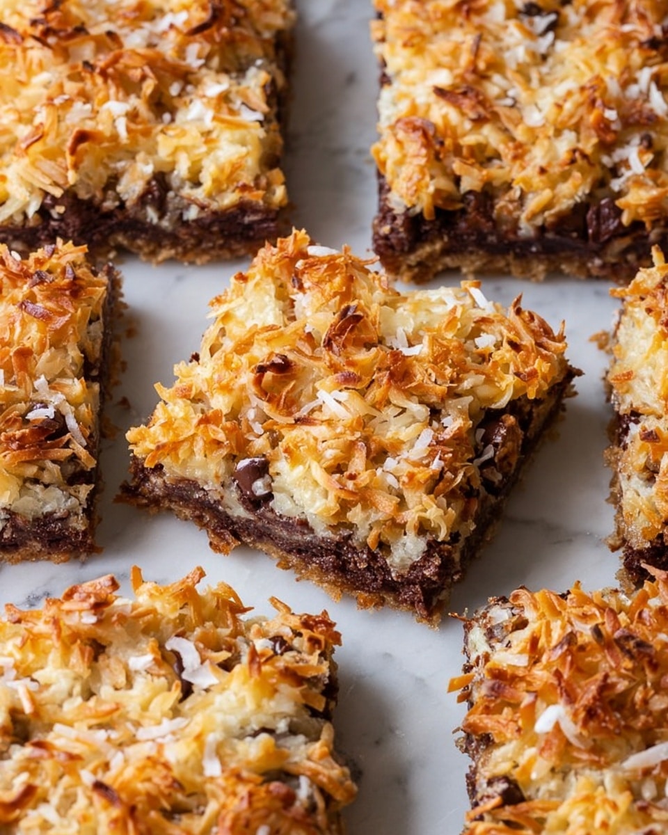 The image shows several square dessert bars placed closely together on a white marbled surface. Each bar has two main layers: a dark, rich chocolate base with visible chocolate chunks, and a thick, uneven topping of toasted golden brown shredded coconut mixed with lighter coconut flakes, giving a textured, slightly crispy look. The topping is spread thickly and appears crunchy with a mix of colors from caramelized golden to pale beige. The bars are neatly cut with clean edges, showing the contrast between the dark base and the bright, toasted topping. Photo taken with an iphone --ar 4:5 --v 7