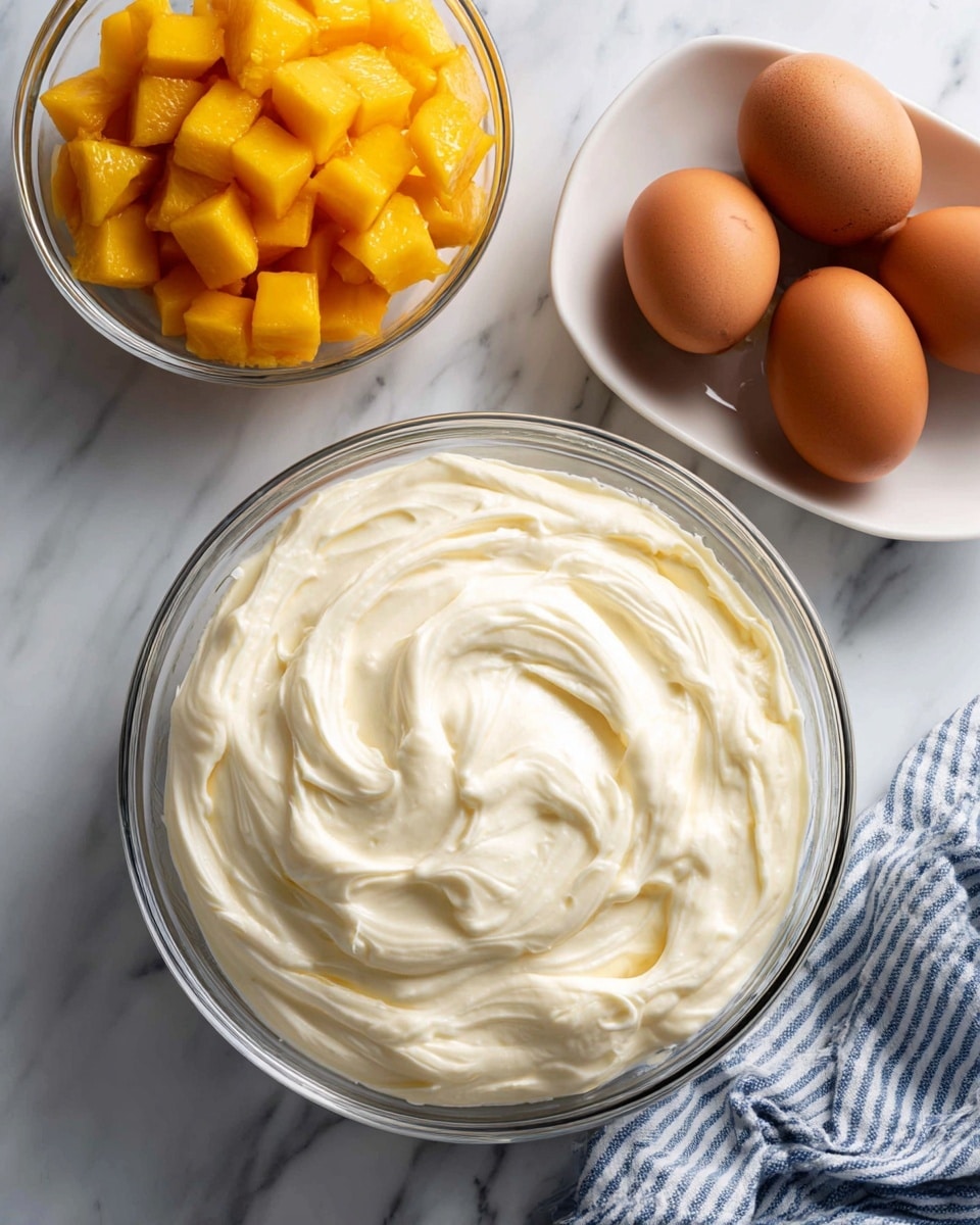 The image shows a large clear glass bowl filled with a creamy white mixture with a smooth swirled texture on a white marbled surface. Above it, there is a smaller clear glass bowl filled with small bright orange-yellow chunks of fruit. To the right, there is a white dish holding four brown eggs. A white and blue striped cloth is partially visible at the bottom right corner. photo taken with an iphone --ar 4:5 --v 7