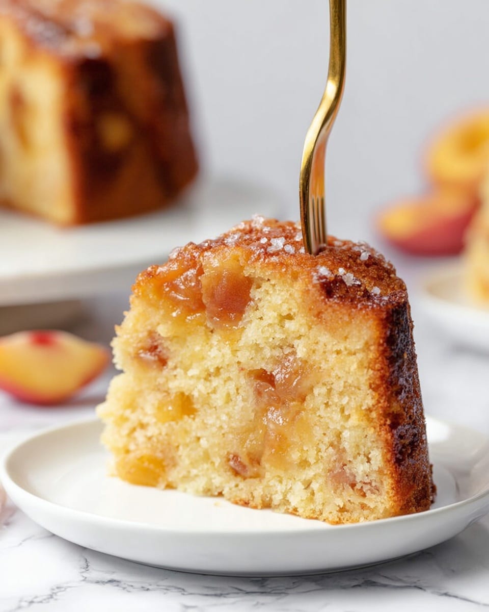 A thick slice of golden brown cake with visible small chunks of fruit inside sits on a simple white plate, showing a soft and moist texture with a slightly darker caramelized top layer sprinkled lightly with sugar crystals. A gold fork is stuck into the top center of the slice, angled toward the right. In the blurry background, there is another slice of the same cake on a white plate, raised slightly, and some pieces of fruit can be seen on a white marbled surface. The overall setting is bright and clean. photo taken with an iphone --ar 4:5 --v 7