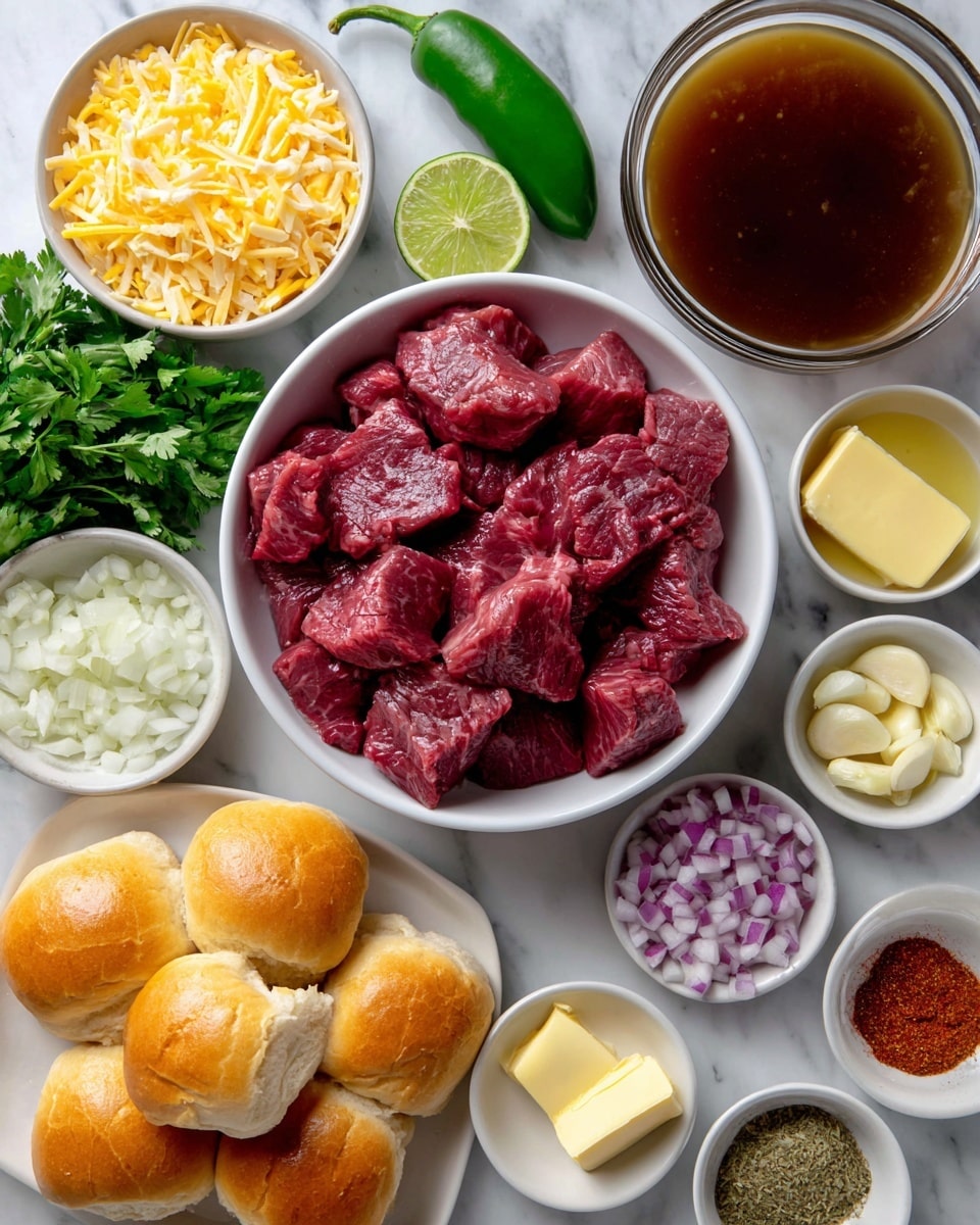 The image shows a collection of ingredients arranged neatly on a white marbled surface. At the center-left is a white bowl filled with red chunks of stew beef. To the right, there is a white tray holding golden Hawaiian rolls. Around these, there are small white bowls with diced white onions, thin slices of marbled yellow and white cheese, chopped red onions, minced garlic in a small dish, and pats of pale yellow butter. Nearby, a clear glass bowl contains dark brown beef stock. Fresh green parsley sprigs sit behind the stew beef bowl, with a whole green jalapeno and a vibrant green lime placed near the beef stock. There is also a small white bowl filled with a reddish spice labeled birria, and another small dish with a light yellow seasoning called garlic salt. The items are spaced evenly and captured clearly. photo taken with an iphone --ar 4:5 --v 7