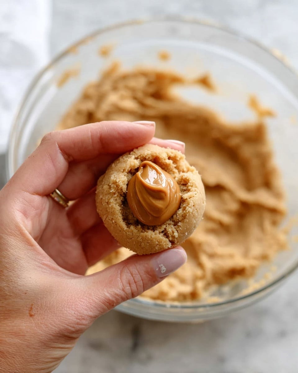 A woman's hand holds a small ball of light brown dough with a smooth, shiny dollop of peanut butter in the center. The dough looks soft and slightly crumbly, forming a round base around the peanut butter. In the background, a clear glass bowl contains more of the same dough with a creamy, thick texture. The whole scene is set on a white marbled surface. photo taken with an iphone --ar 4:5 --v 7