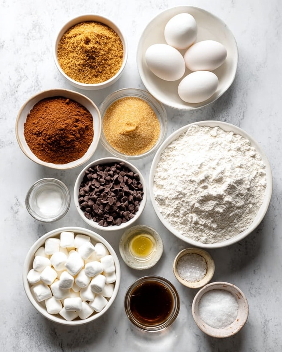 The image shows an arrangement of baking ingredients in 13 small white bowls and plates on a white marbled surface. The largest bowl on the right is full of white flour, with a small groove in the center. Near it, a bowl holds a heap of light brown sugar, and another contains bright white sugar. A smaller bowl has cocoa powder with a smooth surface, while another holds crushed graham crackers. Two white eggs sit on a small white plate. A bowl nearby is filled with smooth, round white marshmallows, and another contains dark chocolate chips. A clear glass holds a transparent liquid, while a small container has a dark vanilla extract. There is also a small white bowl with salt, a tiny glass bowl with baking soda, and a small bowl of coarse salt. The whole setup is neat and bright, arranged in a flat lay style with soft natural light, photo taken with an iphone --ar 4:5 --v 7