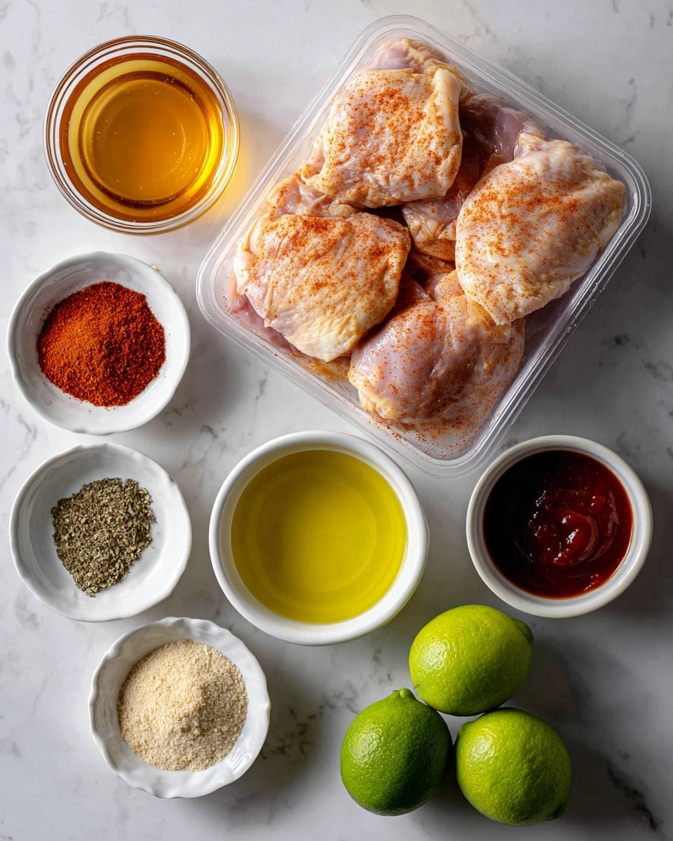 The image shows a top-down view of various cooking ingredients arranged neatly on a white marbled surface. On the top right is a clear plastic package with chicken thighs visible inside, featuring an orange and white label. Surrounding the package are small white bowls containing different ingredients: honey with a golden amber color in the top left bowl, a mix of paprika, oregano, and chili powder in a bowl below it, light beige garlic powder in a small bowl near the center, clear olive oil with a yellow tint in a slightly larger bowl to the right, and black pepper and white salt side by side in a small divided bowl below the olive oil. Three whole green limes are positioned near the bottom left, and a small bowl with dark red sriracha sauce sits to their right. All items are placed on a white marbled surface. photo taken with an iphone --ar 4:5 --v 7