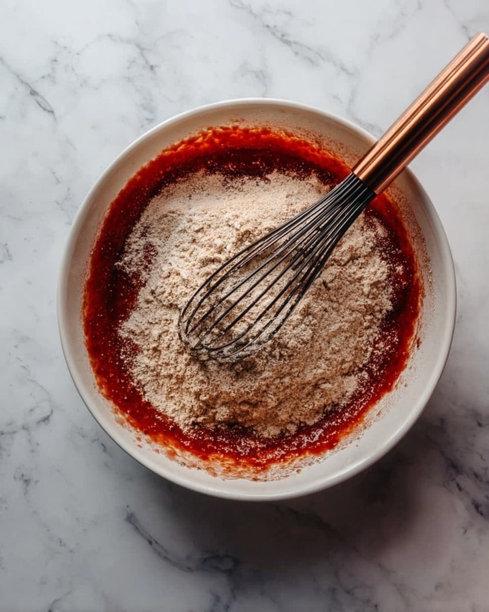 A clear white bowl sits on a white marbled surface, filled with a red batter base at the bottom. On top of the red batter, there is a dry, light brown mixture of flour being added, slightly piled in the center. A copper and black metal whisk is resting inside the bowl, partially submerged in the batter with its wires visible. photo taken with an iphone --ar 4:5 --v 7
