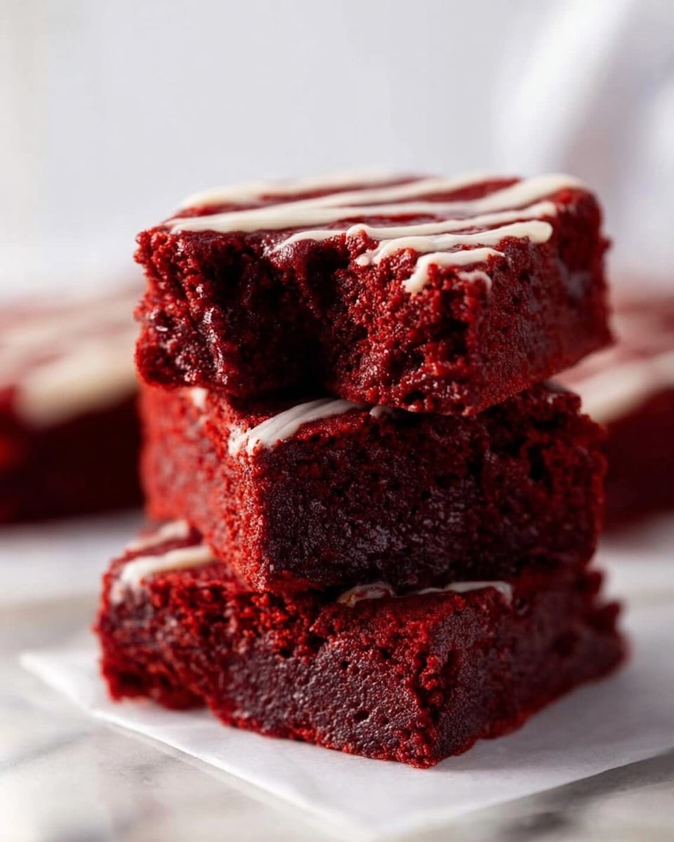 The image shows a stack of three thick, square red velvet brownies on white parchment paper, placed on a white marbled surface. The brownies have a rich, deep red color with a slightly moist texture visible in the top piece that has a bite taken out of it. A thin layer of white icing is drizzled on top of the upper brownie in a wavy pattern. The background is softly blurred, making the brownies the main focus. Photo taken with an iphone --ar 4:5 --v 7