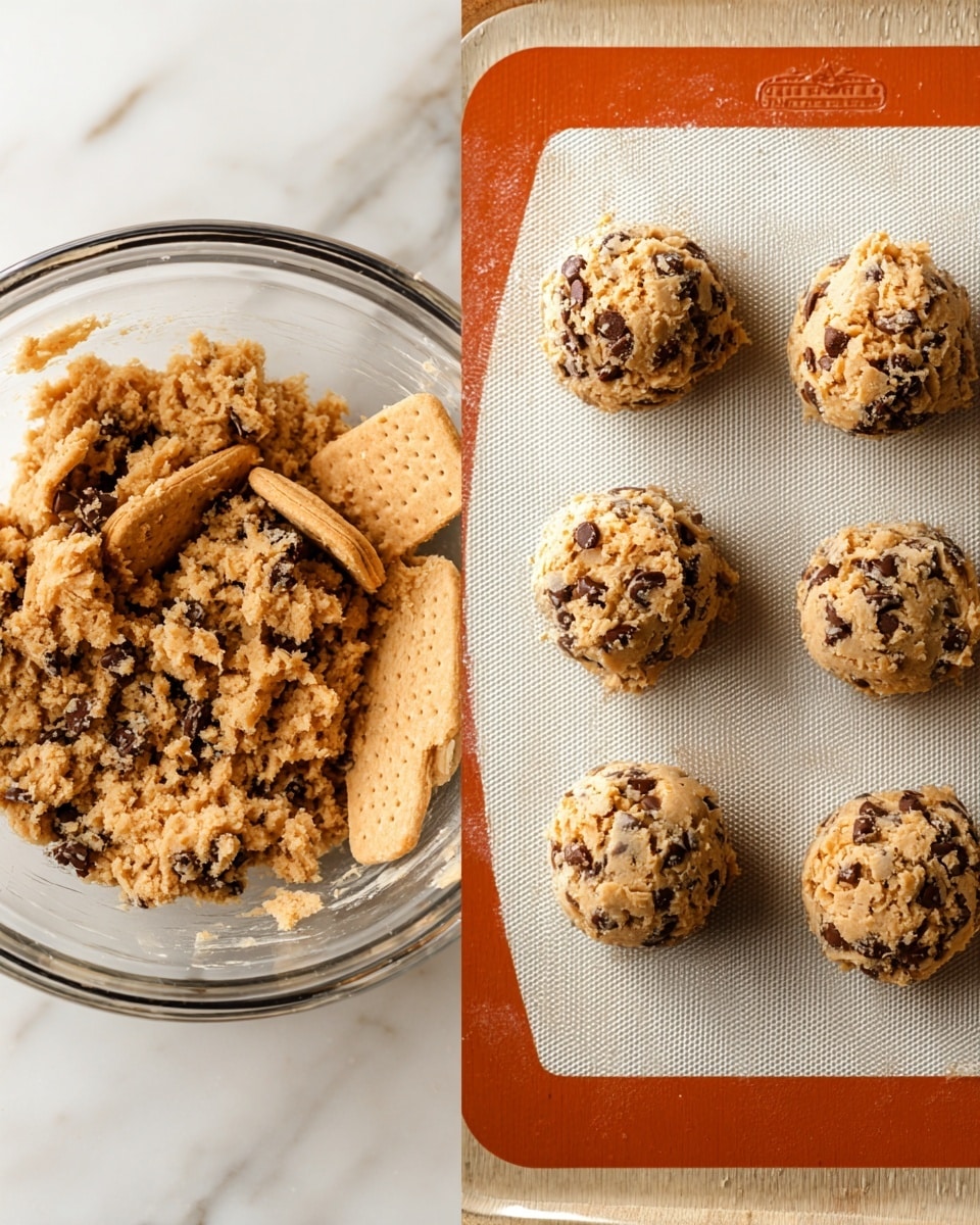The image shows two parts: on the left, a clear glass bowl holds light brown cookie dough mixed with dark chocolate chips and small biscuit pieces, with two whole light brown biscuits pressed into the dough. On the right, five round cookie dough balls, textured with visible chocolate chips and biscuit crumbs, are placed spaced apart on a white baking mat with orange edges, all set on a white marbled surface. photo taken with an iphone --ar 4:5 --v 7