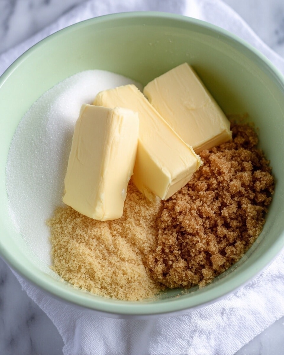 In a white bowl, there are three main layers of ingredients placed side by side: on the left, white granulated sugar with a fine texture; in the middle, two rectangular blocks of pale yellow butter stacked one on top of the other; and on the right, a pile of light brown sugar with a crumbly texture. The bowl sits on a white cloth, and the background is a white marbled surface. photo taken with an iphone --ar 4:5 --v 7