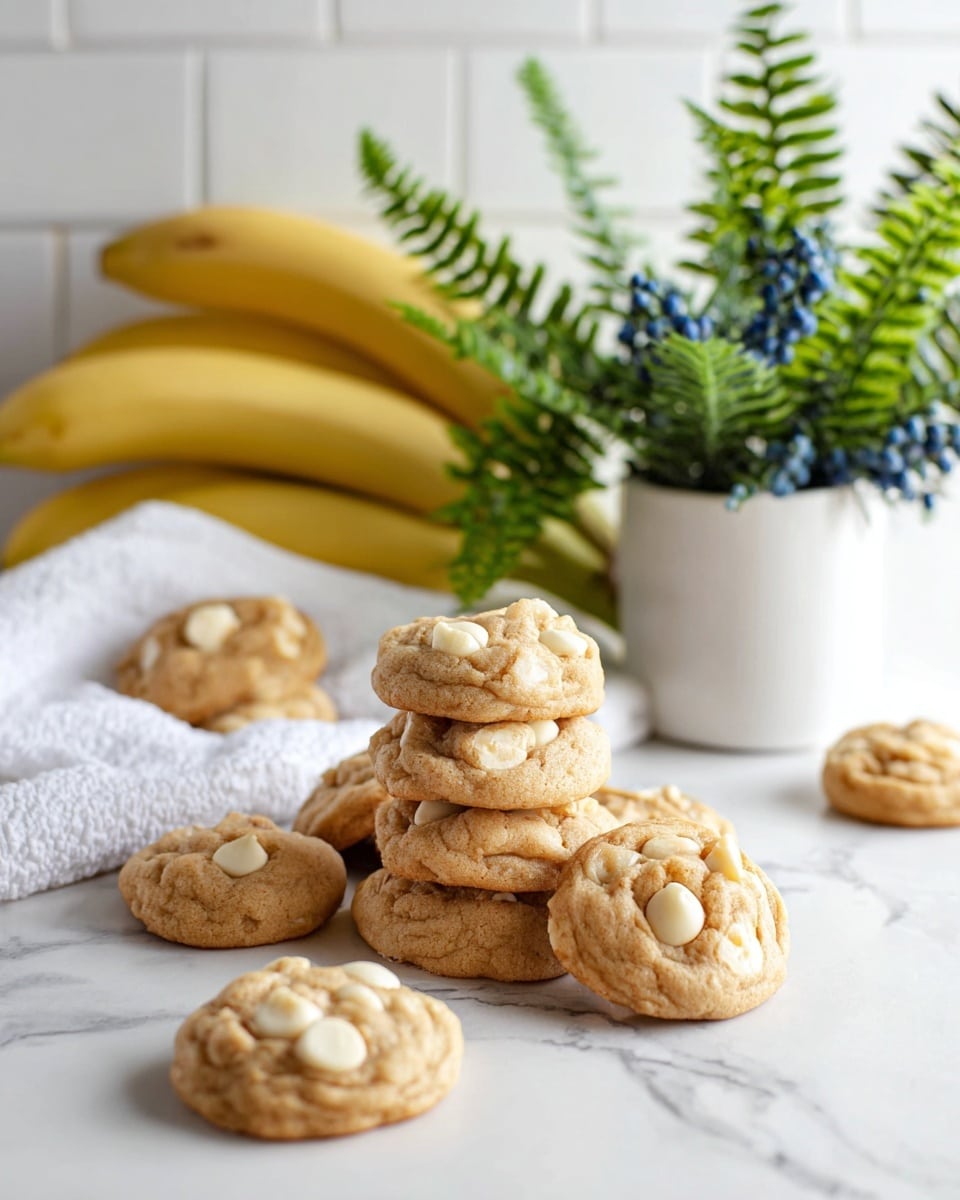 The image shows a group of small round cookies with a light golden-brown color and white chocolate chunks inside, scattered and stacked on a white marbled surface. On the left side, there is a bunch of yellow bananas resting on a white cloth. Behind the bananas, there is a white container holding green fern-like leaves and small blue berries, placed against a white tiled wall background. The scene is bright and clean, with soft natural light. photo taken with an iphone --ar 4:5 --v 7