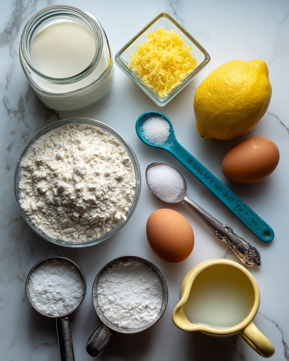 The image shows baking ingredients arranged on a white marbled surface. There is a clear glass jar partly filled with a white liquid on the top left. Next to it is a small square glass dish containing yellow lemon zest. Below that is a lemon cut in half, bright yellow inside. Nearby are two brown eggs. To the right of the eggs, a metal teaspoon holds white granulated salt beside a teal blue measuring spoon with white baking powder. Below them, a half cup metal measuring cup is filled with white sugar. Below the sugar, another metal measuring cup holds white flour. On the bottom right is a small yellow pitcher filled with a clear liquid. The arrangement is neat and spaced, showing all ingredients clearly, photo taken with an iphone --ar 4:5 --v 7