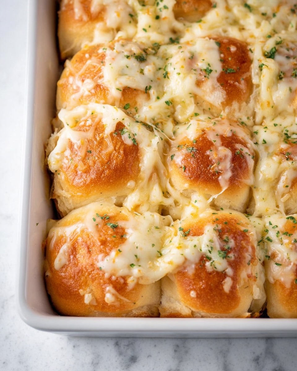 A close-up view of a white rectangular baking dish filled with soft slider buns arranged in a 3x4 grid, each bun a light golden-brown color with slightly wrinkled tops. Melted white cheese generously covers parts of the buns, with some strands loosely spread across the surface, giving a creamy and slightly stringy texture. Small green herb flakes are sprinkled evenly over the cheese and buns, adding a subtle color contrast. The background is a white marbled surface, enhancing the warm colors of the baked buns and cheese photo taken with an iphone --ar 4:5 --v 7