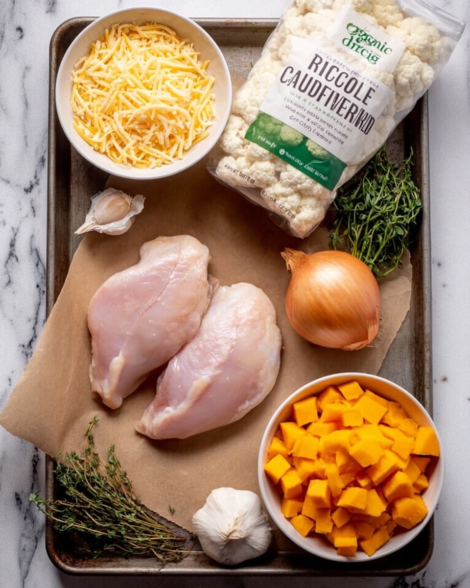 A metal tray holds all the ingredients against a white marbled background. In the middle of the tray lies a piece of brown parchment paper with two raw pale pink chicken pieces stacked on it. Below and to the right is a white bowl filled with bright orange cubed vegetables. Above and to the left of the chicken are two white bowls, one with shredded light yellow cheese, and the other with fine white grains. Above these bowls is a white bag with green text that reads