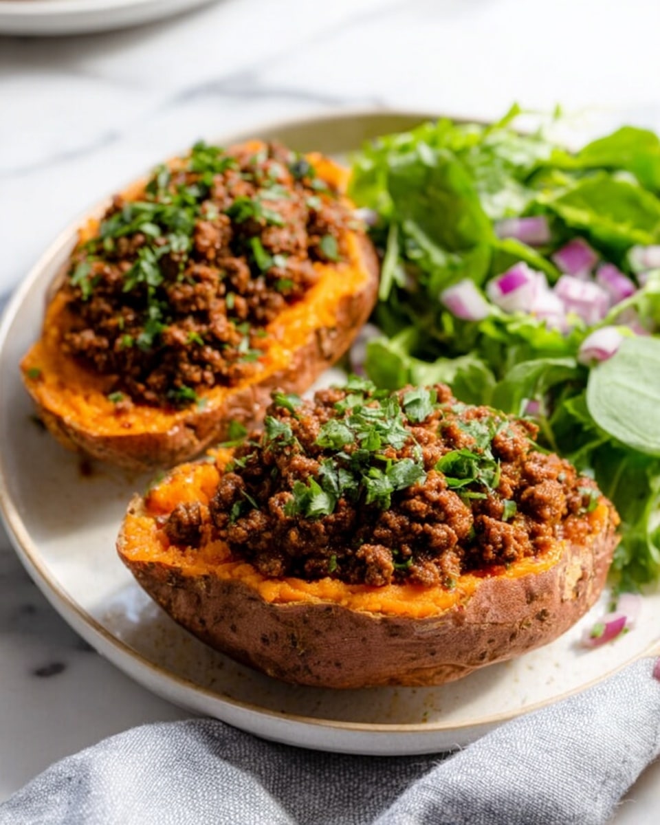 The image shows two white baked sweet potato halves on a white plate with a white marbled surface beneath. Each sweet potato is split open, revealing the soft, bright orange flesh inside. On top of the flesh sits a generous layer of brown cooked ground meat mixed with green chopped herbs. To the side of the sweet potatoes, there is a fresh salad made of green leafy vegetables and finely chopped purple onions. A woman's hand is holding the edge of the plate, and a soft gray napkin is placed nearby. The lighting is natural, bright, and clear, enhancing the vivid warm and fresh colors of the dish photo taken with an iphone --ar 4:5 --v 7