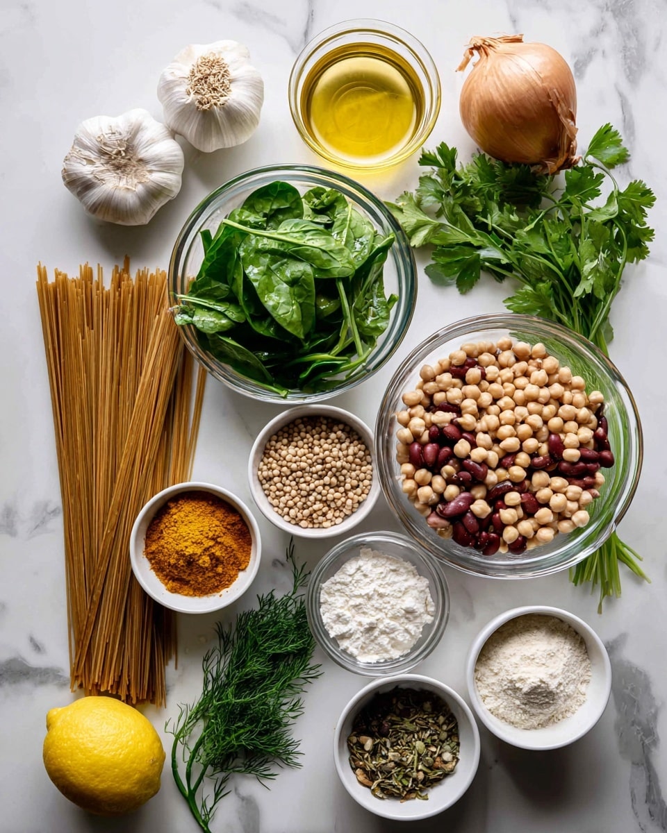 The image shows a collection of cooking ingredients neatly arranged on a white marbled surface. At the top left, there is a bulb of garlic, two whole onions, and a small glass bowl with golden oil. Below them, a clear glass bowl holds bright green spinach leaves, next to fresh sprigs of cilantro and parsley. There are also some green onions and feathery dill placed near the bottom. On the left side, a bundle of long, thin reshteh noodles lies next to small glass bowls containing chickpeas, navy beans, kidney beans, and lentils. A small bowl of frozen fenugreek leaves sits beside the beans. At the bottom left, there are three small white bowls with bright turmeric powder, white flour, and dried mint. Towards the bottom right, a glass bowl contains a creamy white ingredient labeled kashk. Lastly, a white bowl holds salt and pepper, and there is a whole lemon near it. Photo taken with an iphone --ar 4:5 --v 7