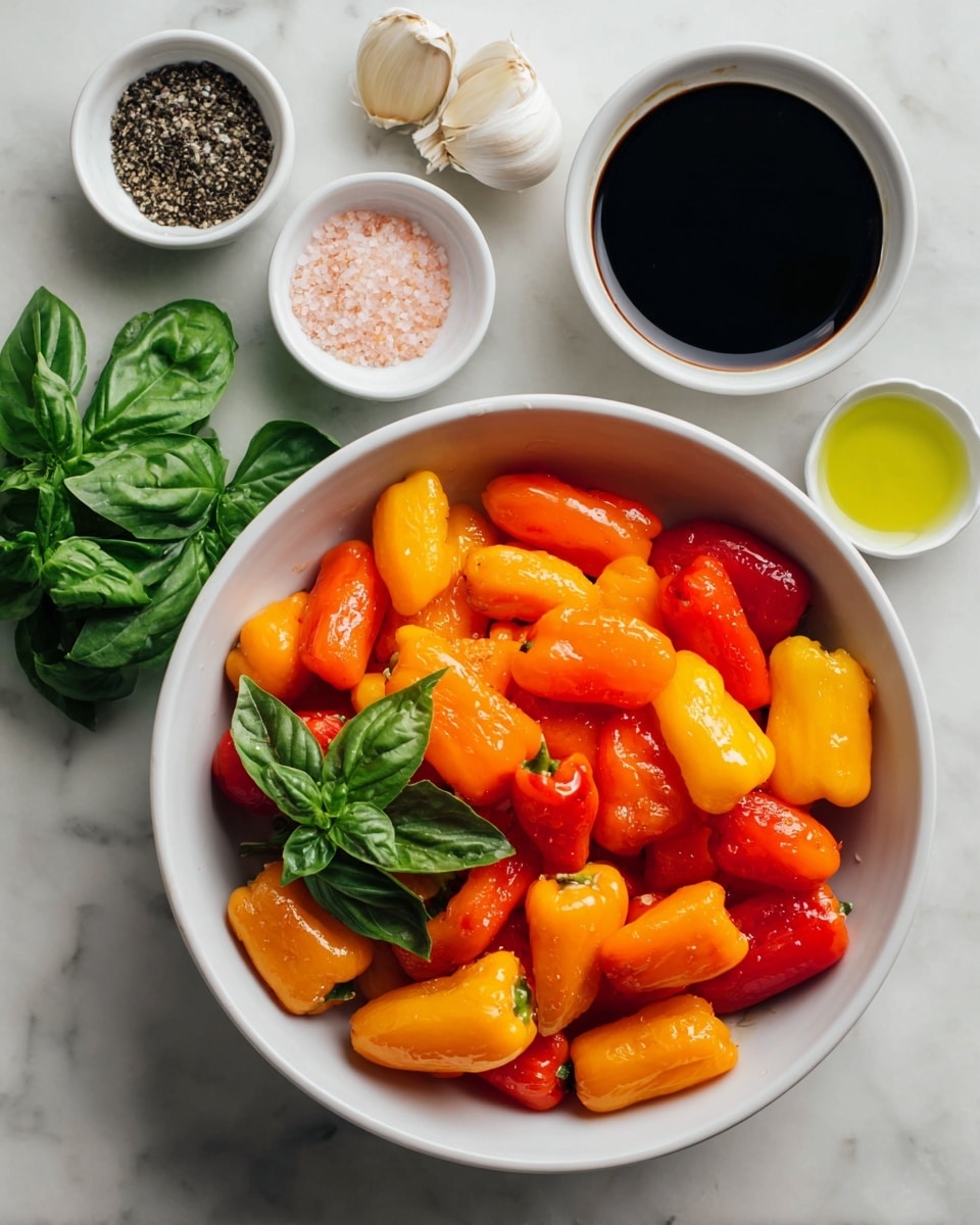 A white bowl filled with a mix of mini sweet peppers in red, yellow, and orange, positioned in the lower right part of the image. Above the bowl, there are two garlic cloves side by side and a small bunch of green basil leaves to the left. To the top right of the bowl, a white bowl contains dark balsamic vinegar. To the left of the bowl of peppers, there are three small white bowls arranged vertically: the top one holds black pepper, the middle one pink salt, and the bottom one olive oil with a light greenish tint. All items are placed on a white marbled surface. photo taken with an iphone --ar 4:5 --v 7