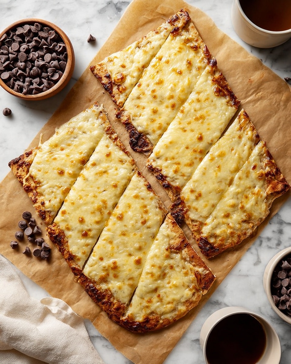 The image shows two rectangular flatbreads on brown parchment paper, topped with a smooth, melted layer of pale yellow cheese that covers the entire surface. The flatbreads are cut into long diamond-shaped pieces with some pieces taken out from the top and bottom edges, revealing a darker brown, slightly textured crust underneath. The cheese layer looks soft and creamy with small golden brown spots from baking. Around the flatbreads, there are small white bowls filled with dark chocolate chips and a small white cup with a dark drink. The whole scene is set on a white marbled surface with a white cloth partially visible in the corner. photo taken with an iphone --ar 4:5 --v 7