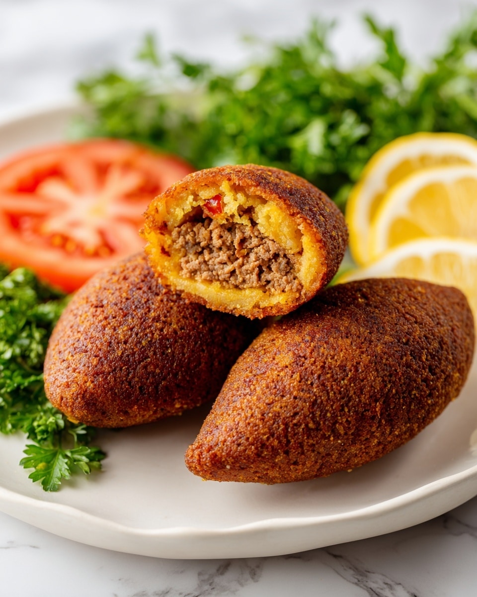 On a white plate with a white marbled texture background, there are two oval-shaped fried croquettes with a reddish-brown crispy outer layer; one is whole and the other is cut in half, showing a moist, crumbly ground meat filling inside, which is light brown with small bits of spices. Next to the croquettes, a bright red tomato wedge is placed on a small bed of leafy green parsley, and behind them there is a wedge of lemon with a pale yellow color and a few more green parsley leaves slightly out of focus in the back. photo taken with an iphone --ar 4:5 --v 7