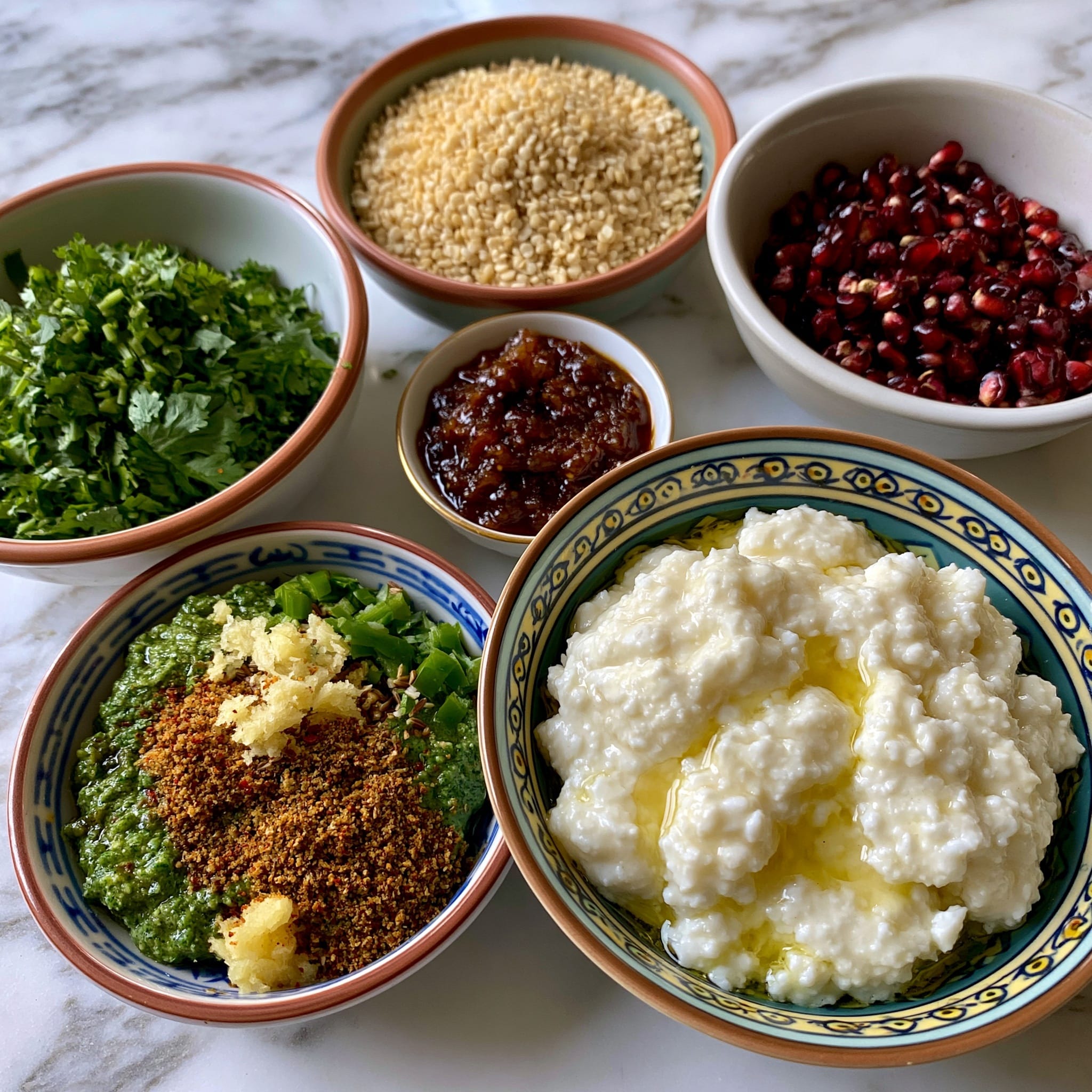 The image shows two white bowls, each filled with three round dumplings covered with a thick white sauce. The dumplings have a slightly speckled texture under the sauce. The sauce is sprinkled with a reddish powder and garnished with light pink pomegranate seeds, small brown raisins, and a bright green leaf of cilantro on top. The bowls have a ruffled edge with a golden brown crust-like design. The background surface is white marble. photo taken with an iphone --ar 4:5 --v 7