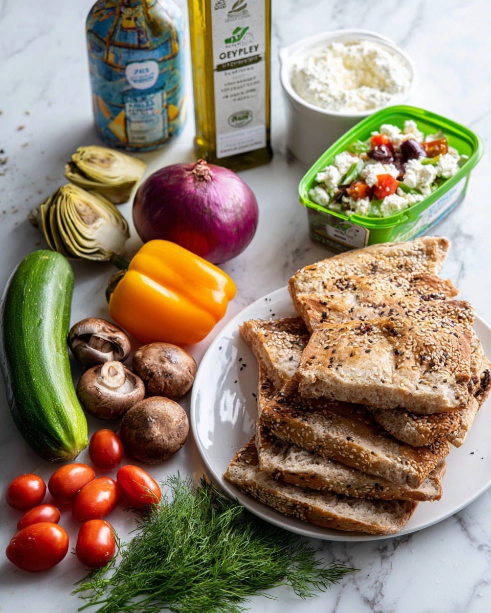 The image shows a variety of fresh ingredients arranged together on a white marbled surface. At the back, there is a bottle of Greek dressing with olive oil, a round container of plain Greek yogurt, a whole purple onion, and a green plastic container of crumbled feta cheese with tomato and basil. In front are a long green cucumber, an orange bell pepper, a bulb of garlic, three brown mushrooms, and a small bunch of fresh dill. Cherry tomatoes are scattered near the dill. To the right, there is a white plate stacked with several slices of seed-covered flatbread. A small glass bowl with artichoke hearts sits on the left side. Behind everything, a painted blue and white decorative panel is visible. Photo taken with an iphone --ar 4:5 --v 7