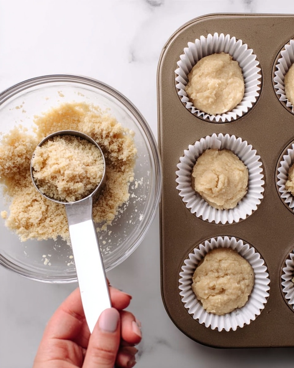A woman's hand is holding a metal measuring spoon scooping light beige, grainy dough from a clear glass bowl on the left side of the image. On the right side, there is a brown muffin tray with six white paper liners, four of which have part-filled dough pressed flat at the bottom, showing a smooth, slightly uneven texture. The background is a white marbled surface. photo taken with an iphone --ar 4:5 --v 7