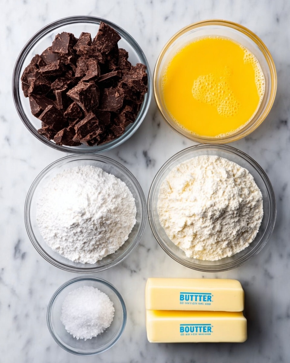 The image shows six glass bowls and two sticks of butter placed neatly on a white marbled surface. The largest bowl at the top left is filled with dark brown chocolate chunks, rough in texture. To its right is a glass bowl containing a bright yellow, frothy liquid, likely beaten eggs. Next to this bowl is another glass bowl filled with white flour, fine and powdery. Below, there is a larger bowl filled with white powdered sugar, very fine and soft in appearance. Next to it is a small glass bowl containing a small amount of salt, white and granular. Finally, two pale yellow sticks of butter are placed side by side, with blue text printed on them. The whole setup is clean and organized, with a bright and natural light shining from above. photo taken with an iphone --ar 4:5 --v 7