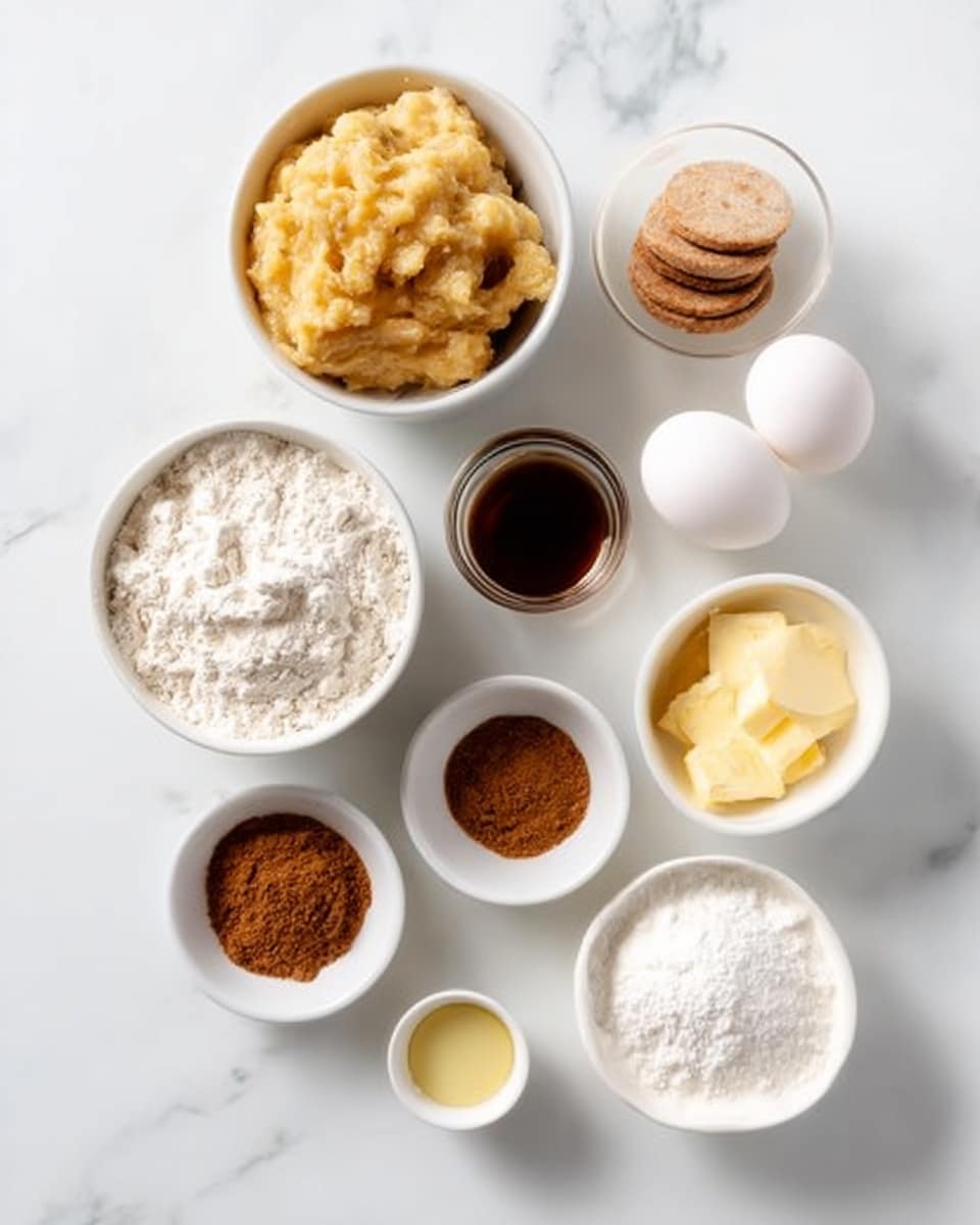 The image shows eight small white bowls placed on a white marbled surface, each holding a different baking ingredient arranged loosely in a rough circle. Starting from the top, a bowl filled with mashed bananas, next to it a bowl with two whole white eggs, a bowl with light brown sugar disks, and a small bowl of dark vanilla extract. Below these, there is a white bowl full of white flour, a bowl of white granulated sugar, a bowl with melted yellow butter, a bowl of brown cinnamon powder, and a tiny bowl with white baking soda or powder. All ingredients contrast clearly with the white marbled background, and the lighting makes their textures distinct. photo taken with an iphone --ar 4:5 --v 7
