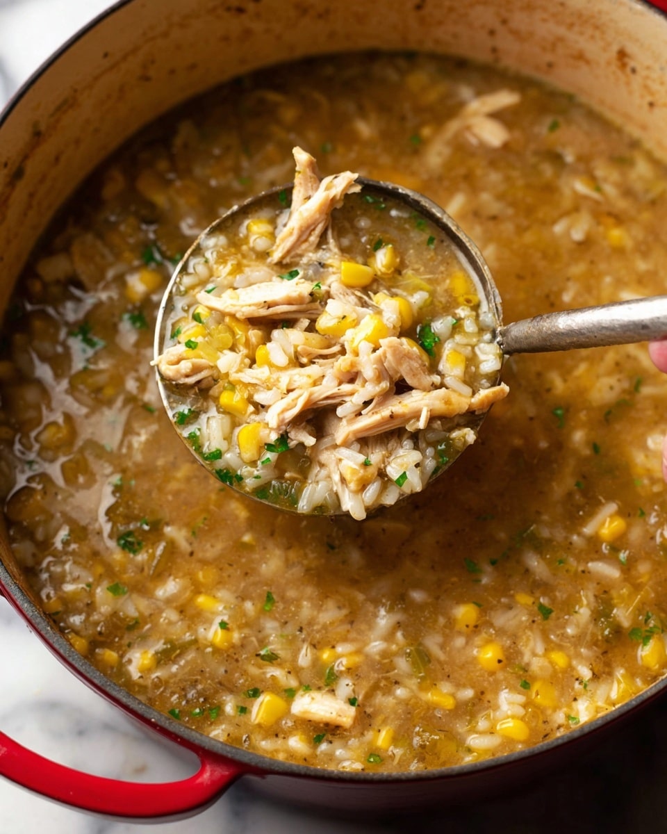 A close-up view of a large pot filled with thick soup. The soup has a base of light brown broth with soft white rice, bright yellow corn kernels, and small pieces of cooked chicken throughout. Some chunks of green herbs are visible near the top. A metal ladle is scooping a portion of the soup, showing the mix of moist, tender ingredients, with the ladle held by a woman's hand. The pot is placed on a white marbled surface. photo taken with an iphone --ar 4:5 --v 7