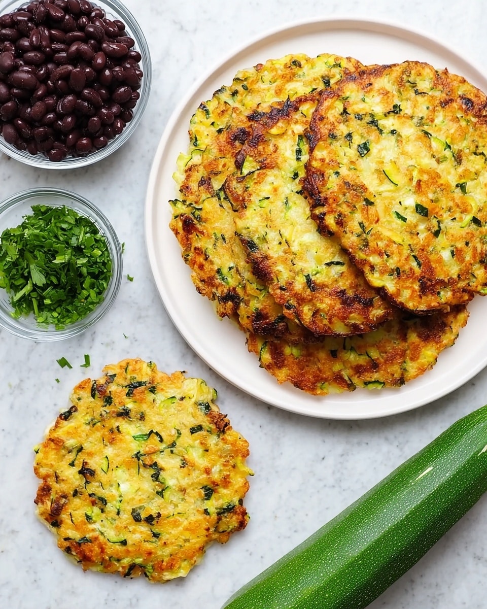 The image shows four flat, round, golden-brown zucchini fritters with visible green zucchini shreds and herbs mixed in. Three fritters are stacked on a white plate at the top right, while one fritter sits alone on the white marbled surface at the bottom left. To the left of the fritters are two small glass bowls, one filled with black beans and the other with chopped green herbs. A whole green zucchini with light spots lies diagonally on the white marbled surface at the bottom right. The scene has a clean, fresh look with bright colors and textures. Photo taken with an iphone --ar 4:5 --v 7