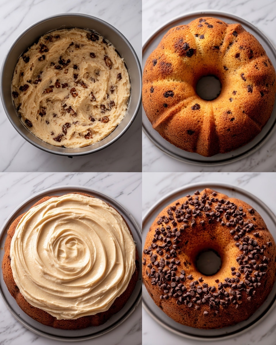 The image shows a four-step visual process of a round cake with a hole in the middle, each stage on a white marbled texture. The top left is the raw batter inside a gray bundt pan, light beige with dark chocolate chips scattered throughout. The top right shows the baked cake removed from the pan, golden brown with small cracks on the surface and visible chocolate chips. The bottom left presents the cake covered with smooth, light tan frosting, spread evenly in soft swirled patterns. The bottom right shows the frosted cake topped generously with small dark chocolate chips evenly spread on the frosting. Photo taken with an iphone --ar 4:5 --v 7
