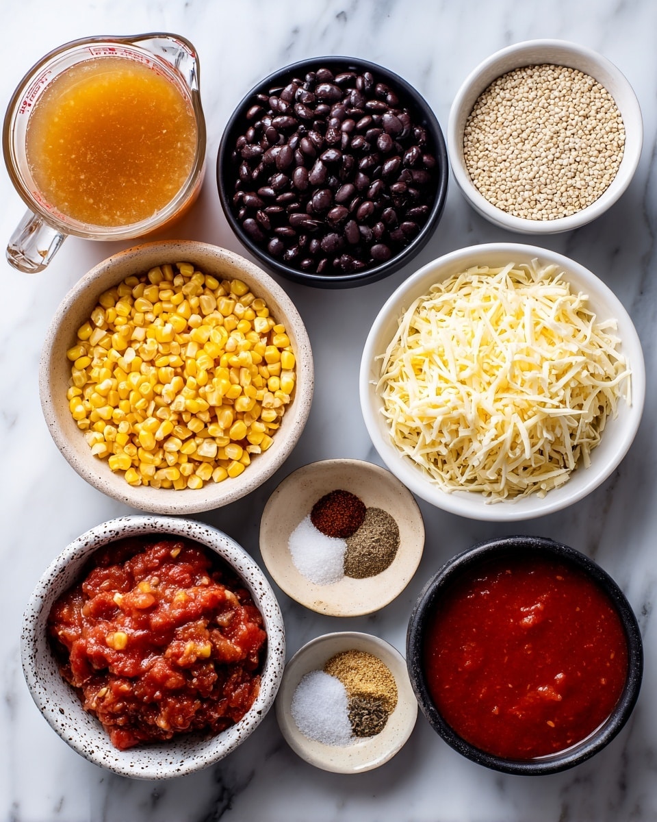 The image shows nine ingredients placed on a white marbled surface, each in a separate bowl or container. Starting at the top left, there is a clear measuring cup filled with light orange vegetable broth. Next to it on the right is a white bowl filled with small white quinoa grains. Below the quinoa is another white bowl filled with finely shredded yellow and white Mexican blend cheese. At the middle left, a black bowl holds whole black beans. Below it is a white bowl filled with small, yellow sweet corn kernels. To the right of the sweet corn, a small beige bowl contains several spices: cumin, chili powder, onion powder, garlic powder, and salt, all in separate small piles. At the bottom left, a white speckled bowl holds chunky fire-roasted tomatoes in red sauce. On the right bottom, another white bowl contains bright red enchilada sauce. The layout is neat and spaced evenly in a grid style. photo taken with an iphone --ar 4:5 --v 7