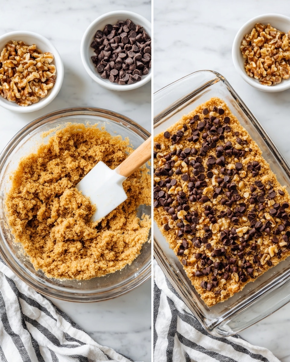 The image shows two side-by-side photos on a white marbled surface. On the left, there is a clear glass bowl filled with a crumbly golden-brown mixture, stirred with a white spatula that has a wooden handle resting inside it. Two small white bowls sit above the big bowl, one filled with small chocolate chips and the other with chopped walnuts. On the right, a clear rectangular glass baking dish contains a pressed layer of the golden crumb mixture on the bottom, with an even spread of chocolate chips and chopped walnuts on top. A white cloth with black stripes lies underneath the bowl on the left. photo taken with an iphone --ar 4:5 --v 7