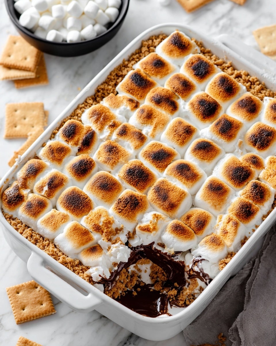 A white baking dish holds a s'mores dessert with three main visible layers. The top layer is a grid of toasted marshmallows, golden brown and slightly burnt in spots, soft and pillowy in texture. Below the marshmallows is a layer of crushed light brown graham crackers, adding a crumbly texture. The bottom layer, partially visible where the dessert has been scooped out, reveals melted dark chocolate that looks rich and smooth. The dish is placed on a white marbled surface, with a black bowl filled with small white marshmallows and some square graham crackers nearby. Photo taken with an iphone --ar 4:5 --v 7