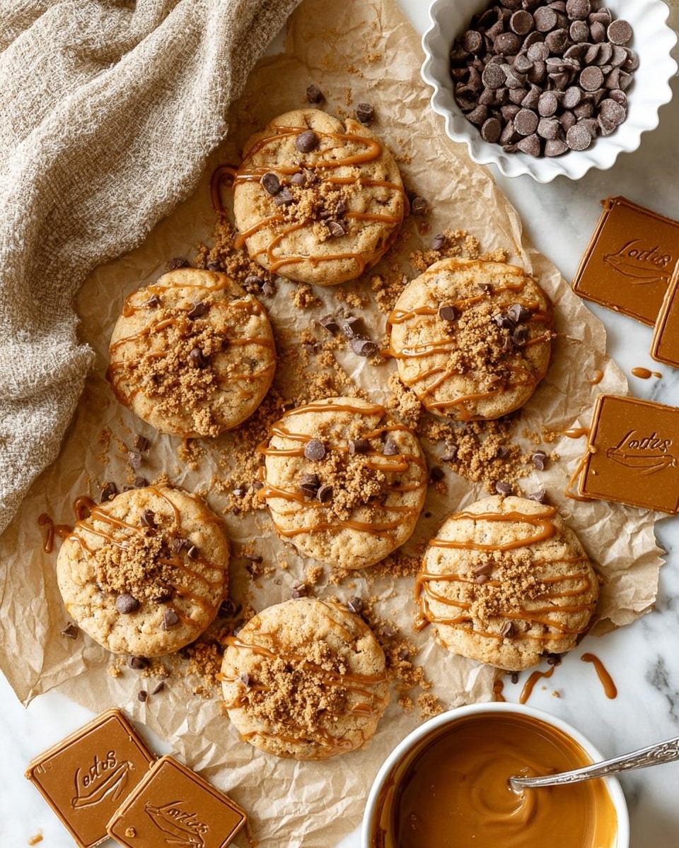 The image shows eight round cookies with a light golden-brown color, scattered on crumpled brown parchment paper over a white marbled surface. Each cookie is topped with small chocolate bits, broken cookie crumbs, and a drizzle of caramel sauce in thin lines. Around the cookies are several whole rectangular brown cookies with the word