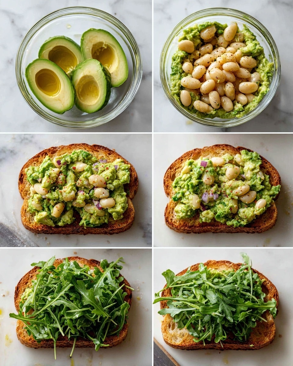 The image shows six steps of making a creamy white bean and green avocado spread on toast. The first four images are close-ups of a clear glass bowl on a white marbled surface; the first has whole green avocado halves and oil, the second shows mashed green avocado with a smooth texture, the third adds many white beans on top of the avocado mash, and the fourth mixes the beans and avocado into a chunky pale green spread with small bits of red onion. The last two images show four slices of toasted light brown bread on a wooden surface; the fifth adds a layer of fresh green leafy arugula on each toast, and the sixth spreads the white bean and avocado mix thickly over the arugula, covering the top of each slice. photo taken with an iphone --ar 4:5 --v 7