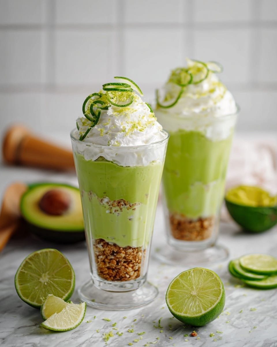 Two tall clear glasses each show three layers: the bottom layer is a crumbly light brown mix with bits of darker pieces, the middle layer is thick and smooth bright green, and the top layer is white whipped cream with green grated zest sprinkled on top. On the whipped cream, there are thin bright green slices of lime and a spiral of green peel. The drinks are set on a white marbled surface with halved limes, lime wedges, an avocado cut in half, and a wooden citrus squeezer blurred in the background. The backdrop is a white tiled wall. Photo taken with an iphone --ar 4:5 --v 7