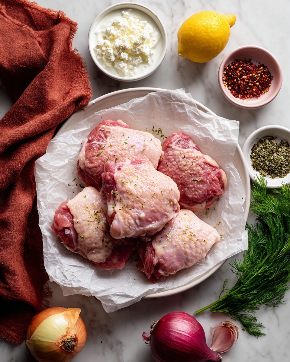 A white plate lined with crumpled parchment paper holds several raw pink chicken thighs, each showing a smooth and slightly shiny texture. Around the plate, on a white marbled surface, are small bowls: one with white yogurt, one with white crumbled cheese, and a small white bowl containing three spices—black, red, and green powders. Nearby, a fresh whole lemon, a whole shallot with smooth brown skin, a small pink bowl filled with more herbs, and a few sprigs of fresh green dill add color and balance to the scene. A folded rust-colored cloth is at the top left corner. photo taken with an iphone --ar 4:5 --v 7