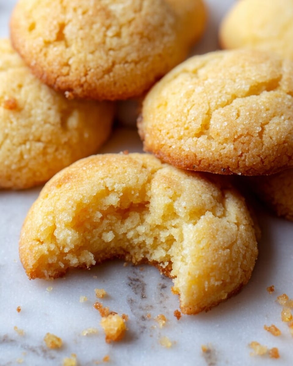The image shows several small, round cookies with a golden-yellow color and a crumbly texture on a white marbled surface. One cookie in the front has a small bite taken out, revealing a soft, moist, and crumbly inside. The cookies have a slightly cracked top and uneven edges, with small crumbs scattered around them on the surface photo taken with an iphone --ar 4:5 --v 7