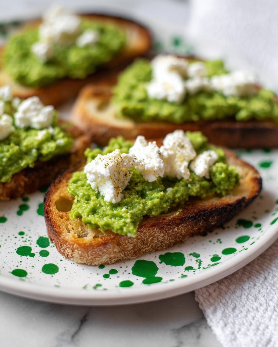 The image shows a close-up of toasted bread slices on a white plate with green splatter spots. Each bread slice has two layers: the bottom layer is golden-brown toasted bread with a crunchy texture, and the top layer is a bright green spread with a mashed texture. On top of the green spread, there is a small dollop of white soft cheese with a crumbly texture. The green spread is slightly uneven, and the cheese dollops appear smooth and creamy. The plate sits on a white marbled surface with a white and green patterned cloth blurred in the background. The photo taken with an iphone --ar 4:5 --v 7