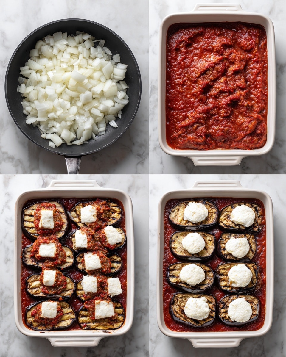 A white bowl holds a serving of layered eggplant parmesan with three visible layers: the bottom layer is light brown eggplant slices, the middle layer is chunky bright red tomato sauce infused with bits of eggplant, and the top layer is melted golden cheese with slightly browned spots. There are small grated white cheese shreds scattered around the edges, and a fresh green basil leaf rests on top next to a gold fork positioned on the right side inside the bowl. The bowl sits on a white marbled surface with a red wine glass blurred in the background. photo taken with an iphone --ar 4:5 --v 7