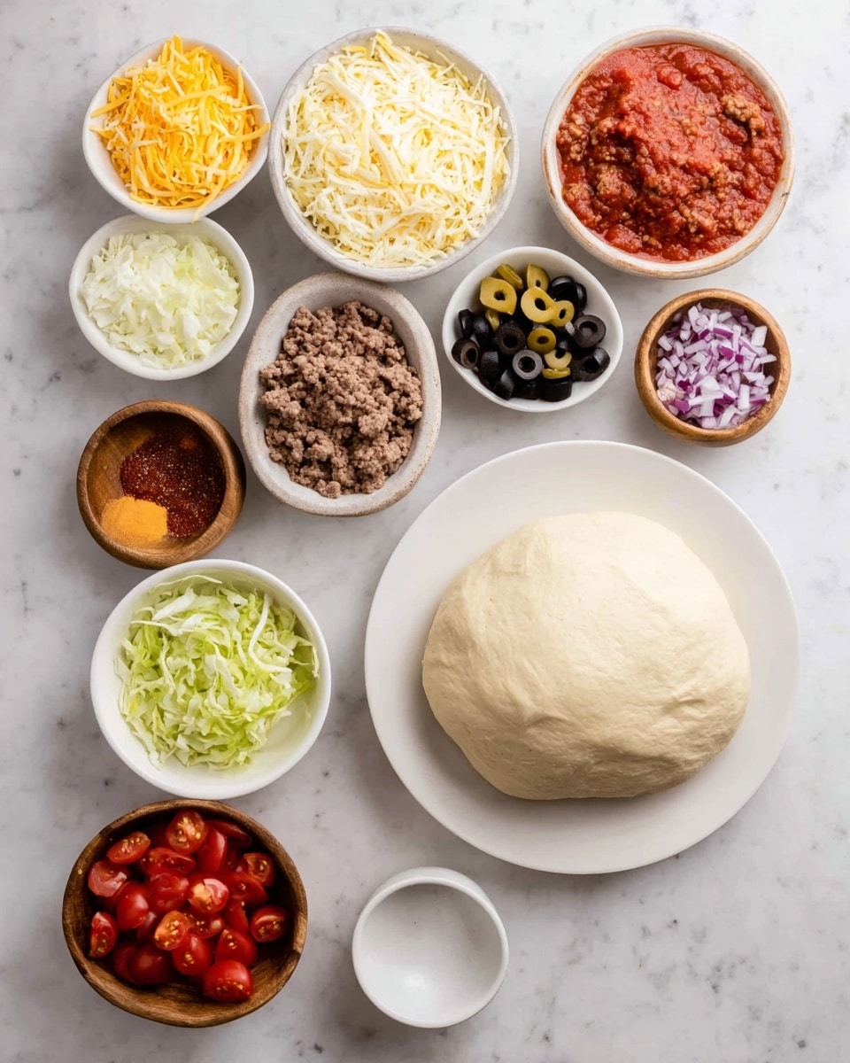 The image shows a white plate with a large, smooth ball of dough on the right side. Around the dough are small white and wooden bowls holding different ingredients: shredded yellow cheese, shredded white cheese, chopped onions, sliced black olives, chopped green cabbage, ground meat, diced tomatoes in sauce, a mixture of colorful spices (red, black, white, and green), refried beans, and halved cherry tomatoes. One small empty white bowl is also present near the center. All bowls are placed on a white marbled surface. photo taken with an iphone --ar 4:5 --v 7
