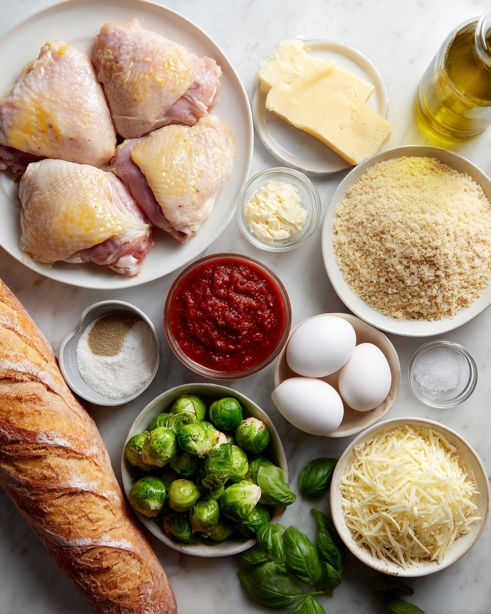 A variety of ingredients are arranged neatly on a white marbled surface, including a white plate with raw chicken thighs showing light pink and pale yellow skin on the upper left, a wedge of yellow parmesan cheese near the top center, and a small glass bowl of garlic butter with a creamy texture to the upper right. A clear glass bowl filled with light tan panko crumbs sits to the right center, below a jar of red marinara sauce with a label, and next to a bowl of light yellow shredded fontina cheese. Near the center, a white bowl holds green brussel sprouts and three white eggs. A small clear glass bowl of white salt and a small bowl of coarse black pepper rest nearby. A white plate with white flour topped by fresh green basil leaves is near the bottom left, next to a yellow-green bottle of olive oil with a black label. A whole baguette with a golden-brown crust and visible texture from the bread lies flat on the left side. A bottle of caesar dressing with a beige label and white cap is near the center left. photo taken with an iphone --ar 4:5 --v 7