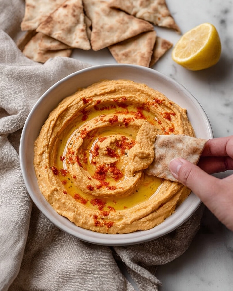 A white bowl filled with creamy, light orange hummus, swirled smoothly on top with drizzles of golden olive oil and thin streaks of red spicy sauce. A woman's hand is holding a triangular piece of pita bread, dipping it gently into the hummus. Around the bowl, there are more triangular pita pieces and a half lemon on a white marbled surface covered partially with a light beige cloth cloth, creating a soft and warm setting. photo taken with an iphone --ar 4:5 --v 7