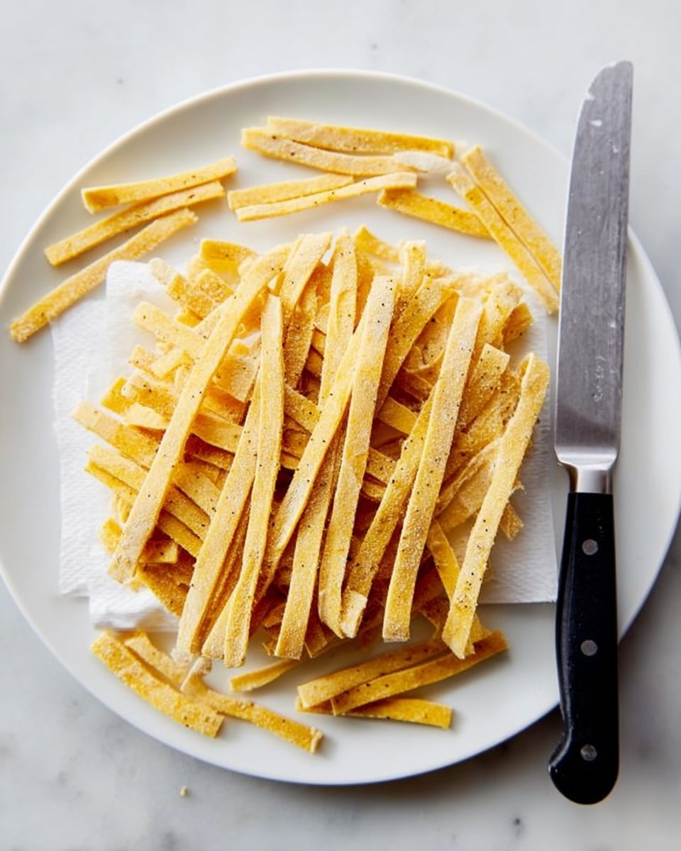 The image shows a white round plate on a white marbled surface. On the plate, there is a stack of thin, rectangular strips of dough or pasta in light yellow color with some seasoning visible, arranged in a lattice pattern on top of a white piece of paper. More strips are placed haphazardly on the plate around the lattice. To the right of the plate, there is a large knife with a black handle lying flat on the marble surface. Photo taken with an iphone --ar 4:5 --v 7